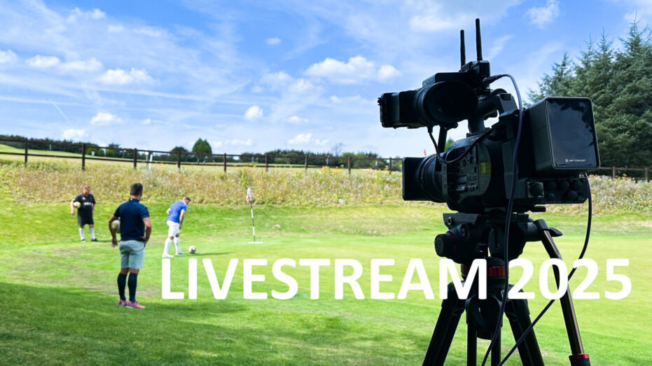 LIVESTREAM BLOG words A camera filming the green at a golf course where players are playing footgolf with the words livestream 2025