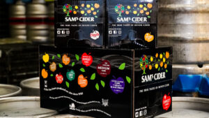 Bag in box cider boxes that are black with a coloured pattern
